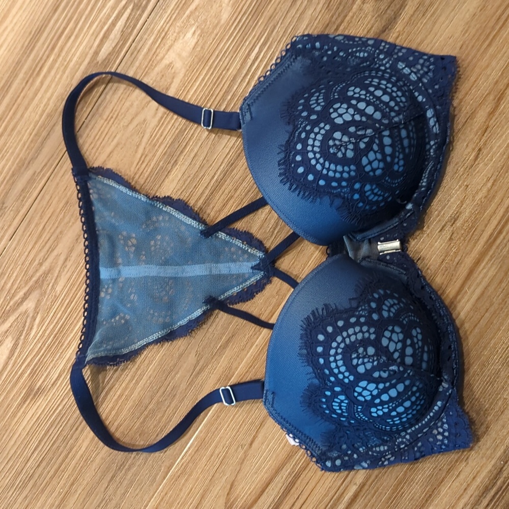 Victoria's Secret Womens Blue Lace Padded Strappy Push Up Bra Size‎ 32DD